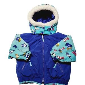 Vintage Kids Toddler 3T Puffer Coat Hood Blue Honors 90's Winter Print